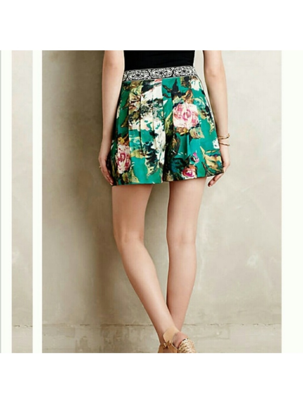 Anthropologie Ranna Gill Archipelago Green Floral Print Pleated Shorts - Women’s - Picture 2 of 5